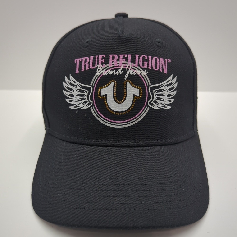 True Religion Crystal Wing‎ Hat Jet Black Pink Horseshoe Logo TR4226R NWT